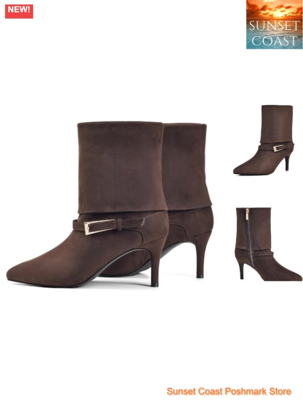 Kitten Heel Ankle Booties Pointed Toe Fold Over Faux Leather